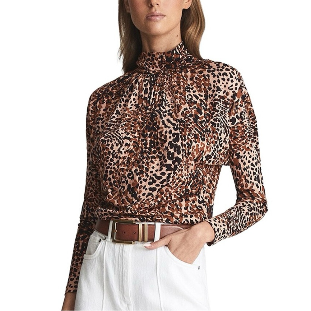 Reiss Serena High Neck Woven Top (Leopard print)